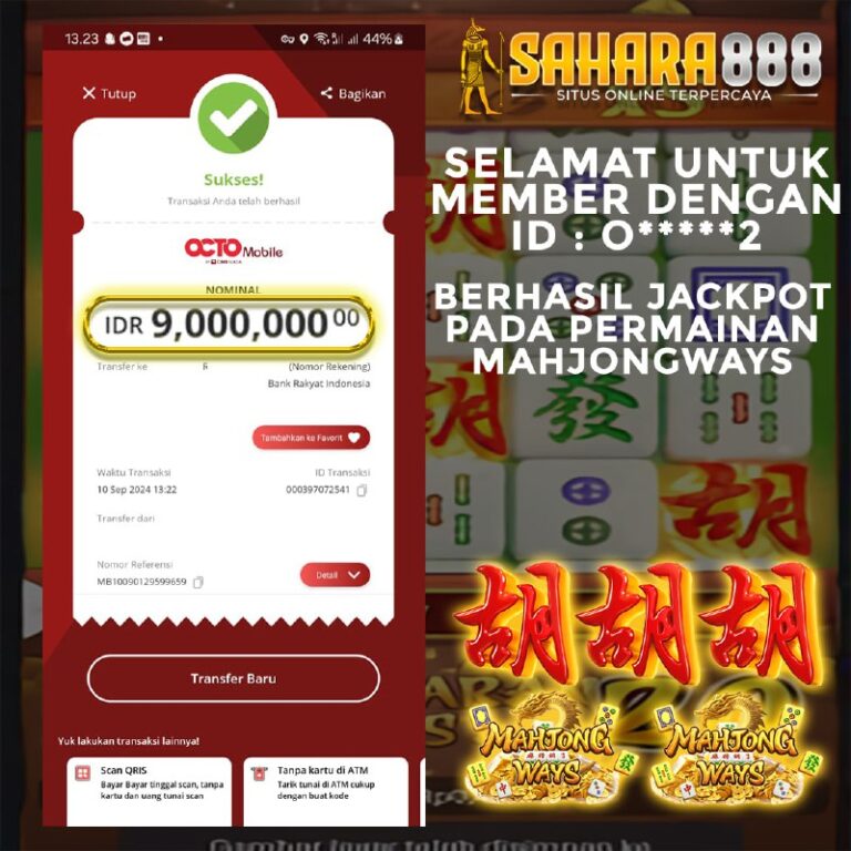 Bukti JP Slot Mahjong Ways SAHARA888 10 September 2024 Rp. 9.000.000,- LUNAS